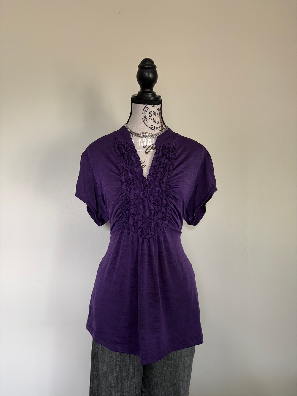 Y2K Heartsoul Purple Short Sleeve Ruffle Neck Tie Back Baby Doll Blouse | Office